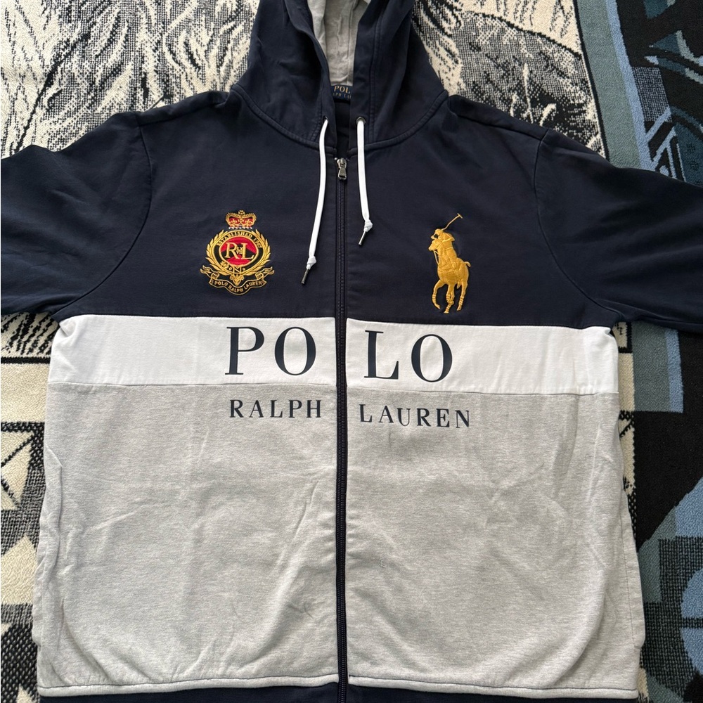 Polo Ralph Lauren Royal Crest #3 Big Pony Embroidered Blue/White/Grey Zip Hoodie